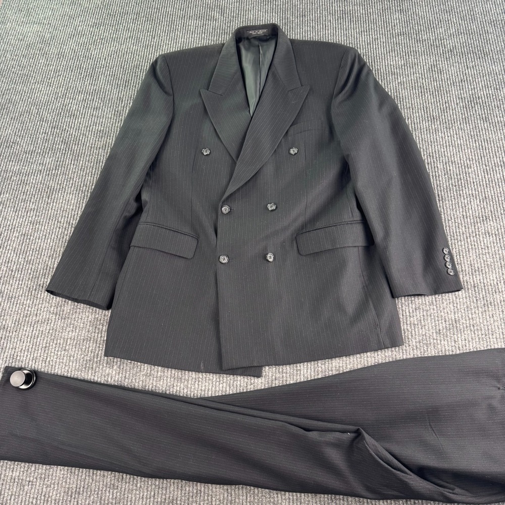 Gianneli Suit Men 42L Black Herringbone Wool Double Breasted Pleated 39x32